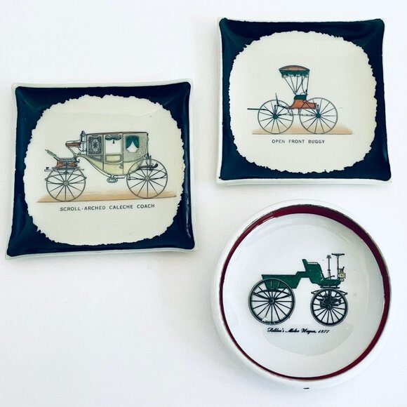 Three Relish Trays Decorated Classic Carriage Scripted Square Round Plates